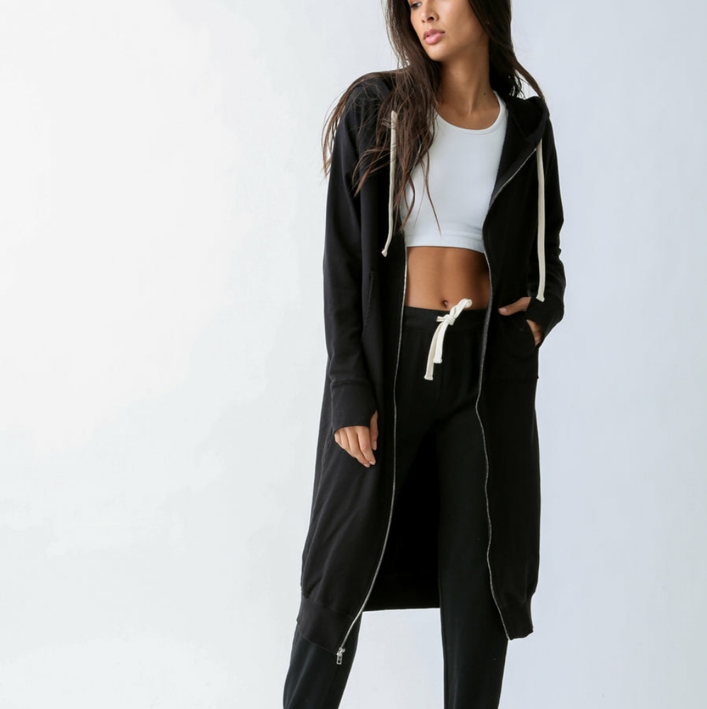 Electric & Rose Joplin hoodie full zip long tunic length onyx black small